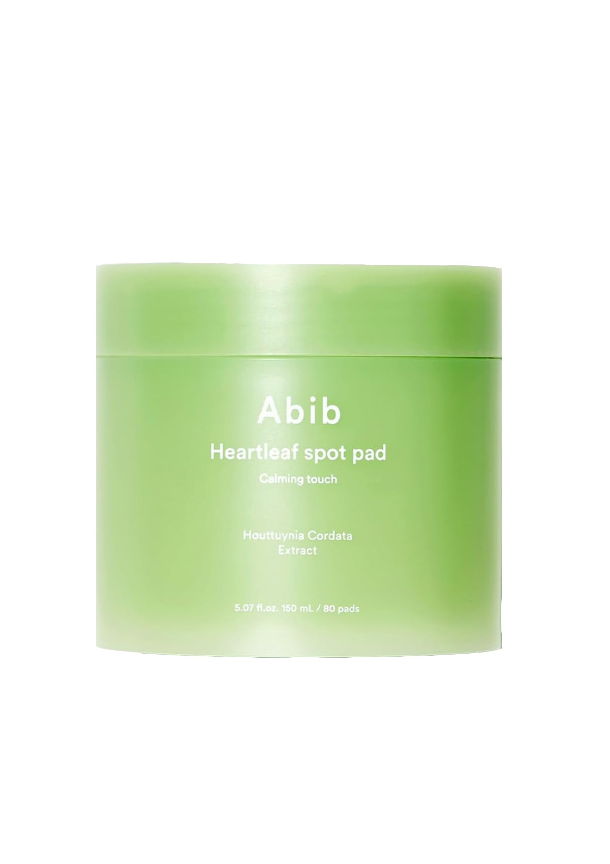 A light green jar of Abib Heartleaf spot pad on a solid white background.